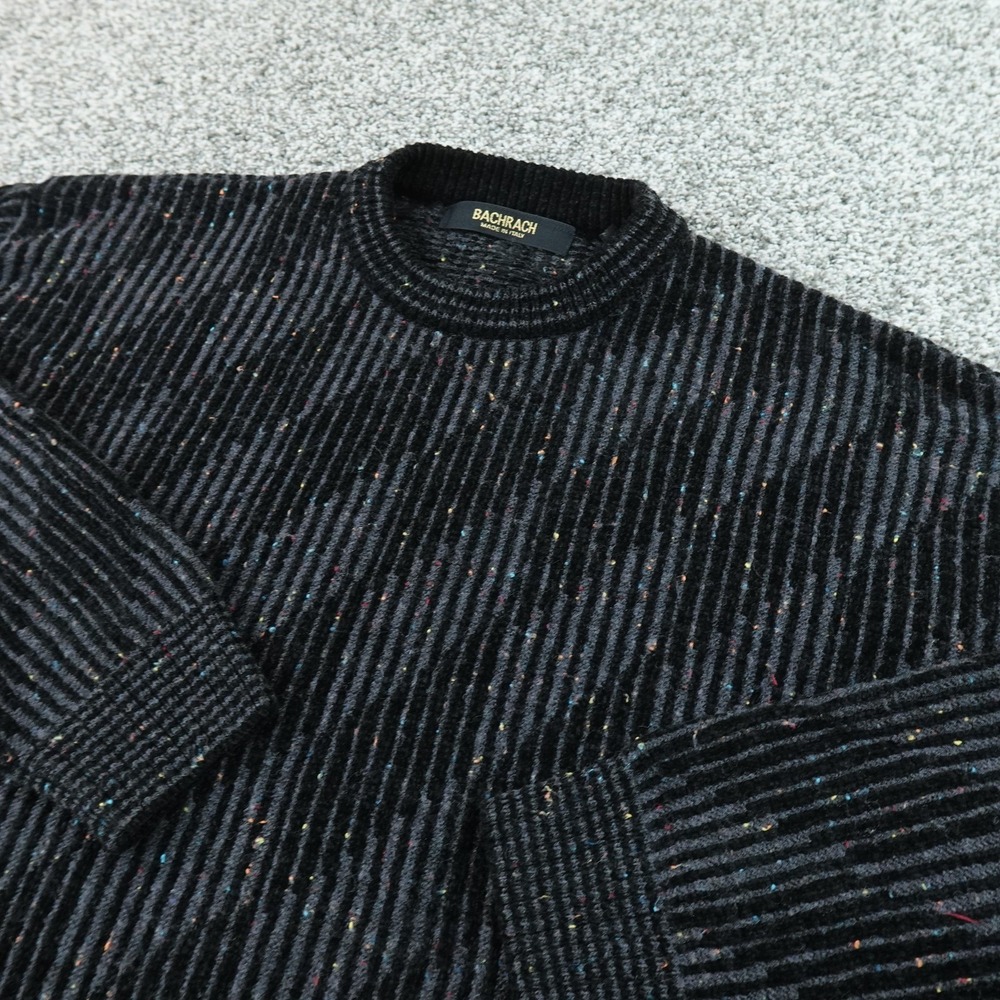 Bachrach Sweater Mens L Black Striped Donegal Wool Knit Crewneck Pullover Italy